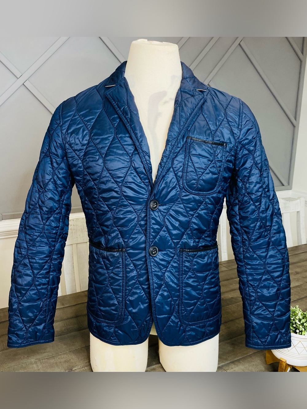 Burberry Brit Quilted Jacket Navy Elbow Patch Button Closure Men's Medium